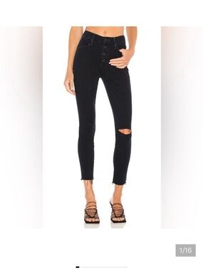 MOTHER Black High-Rise Skinny Jeans with Knee Cut